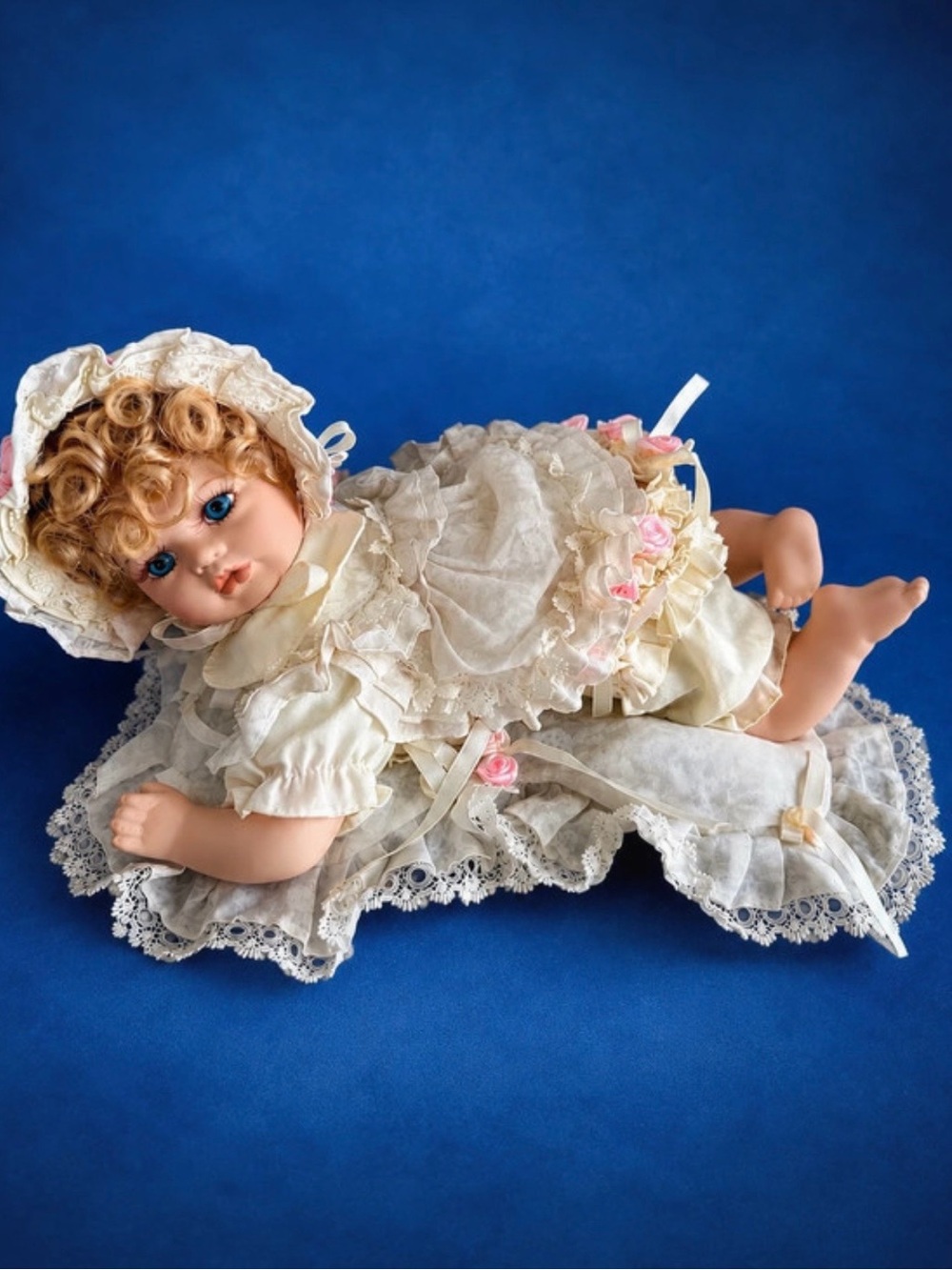 Vintage Unique 1-5000 Porcelain Baby Doll Blonde Blue Eyes Lace Outfit